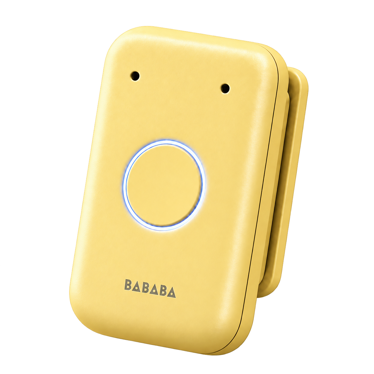 Soft yellow Bababa recorder seen from the side, with its clip